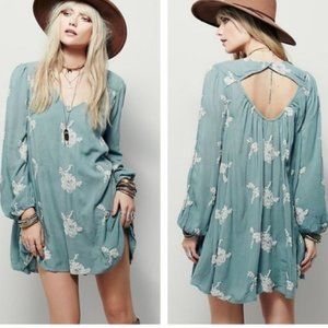 Free People Mini Dress Emma Embroidered Boho Green Long Sleeve Lined